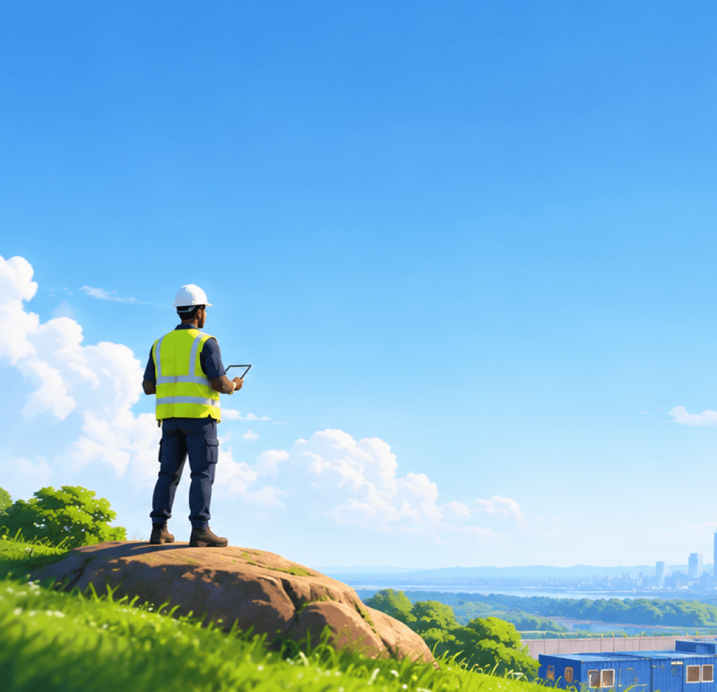 Illustration of a site manager in a hard hat and high-visibility vest standing on a hill with a tablet, looking out over a building site and a distant city.