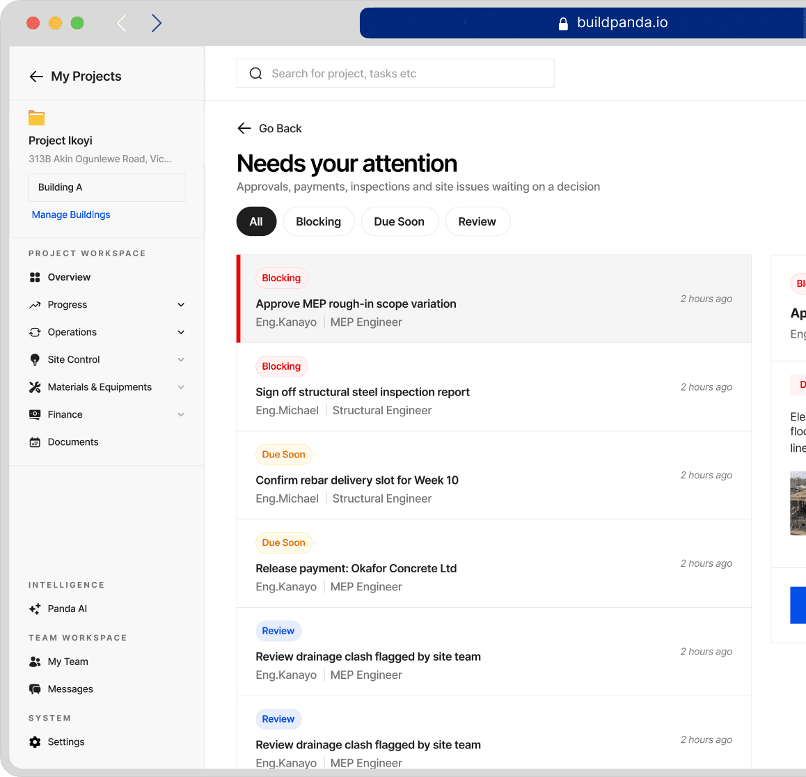 BuildPanda showing a project's “Needs your attention” list: approvals, inspections and payments waiting on a decision.