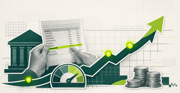 Illustration of hands holding a costed sheet beside a rising arrow, a gauge and stacks of coins.