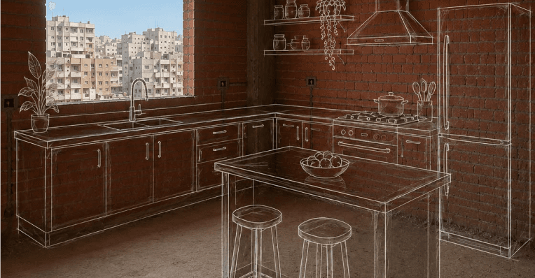 A kitchen shown part finished, part as a line drawing, mid-renovation.
