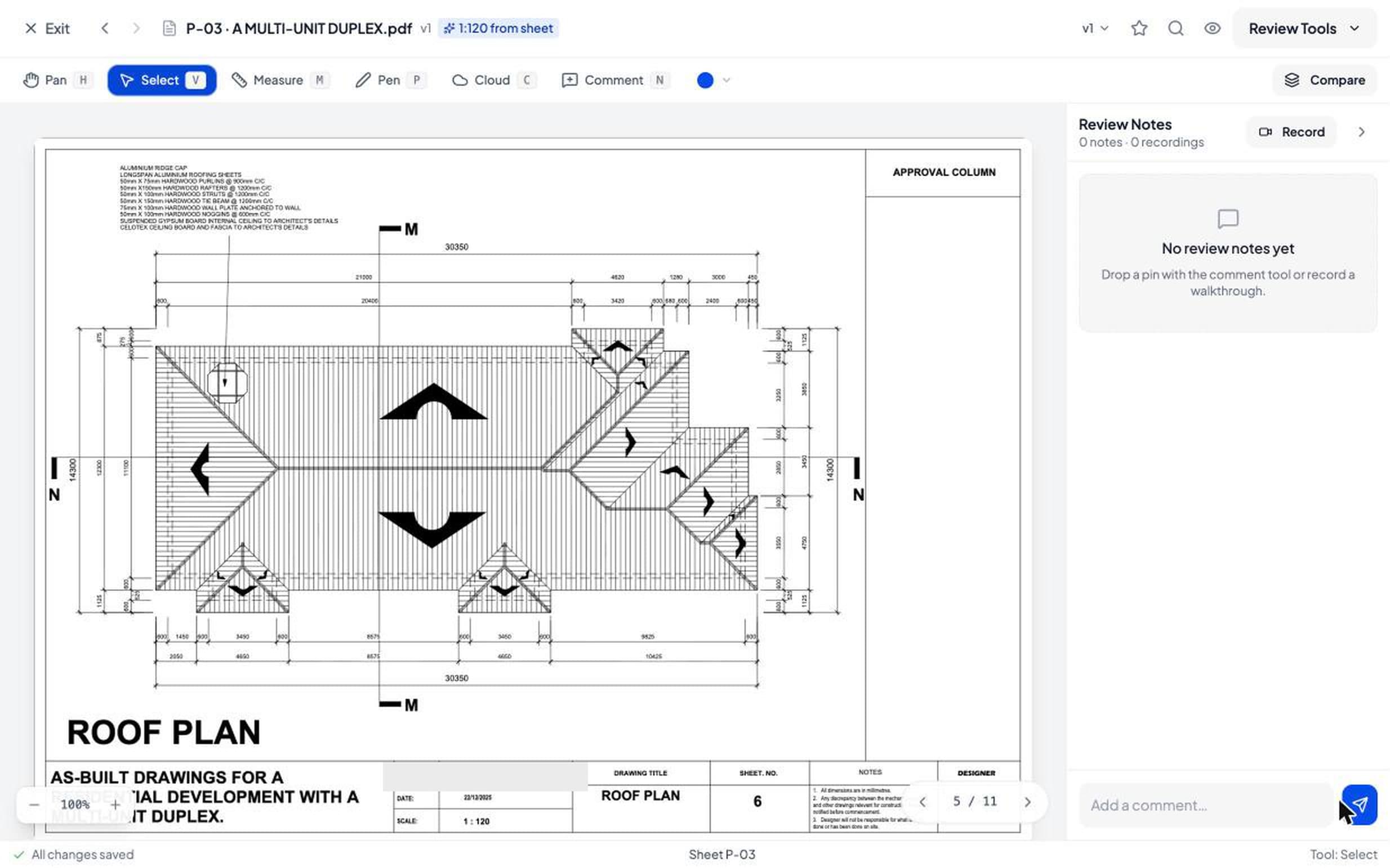 A roof plan open in BuildPanda's drawing review workspace on a laptop, with the markup toolbar and the sheet scale detected as 1:120