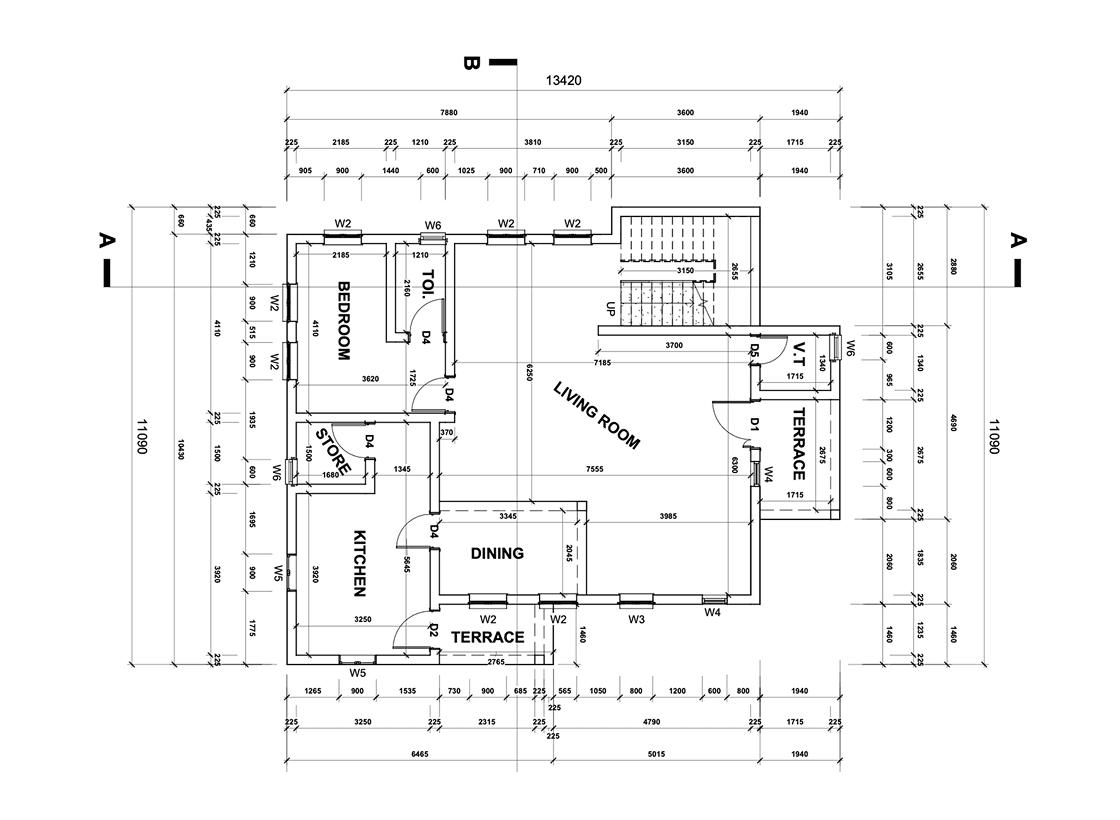 Architectural floor plan with rooms, dimensions and door and window tags.